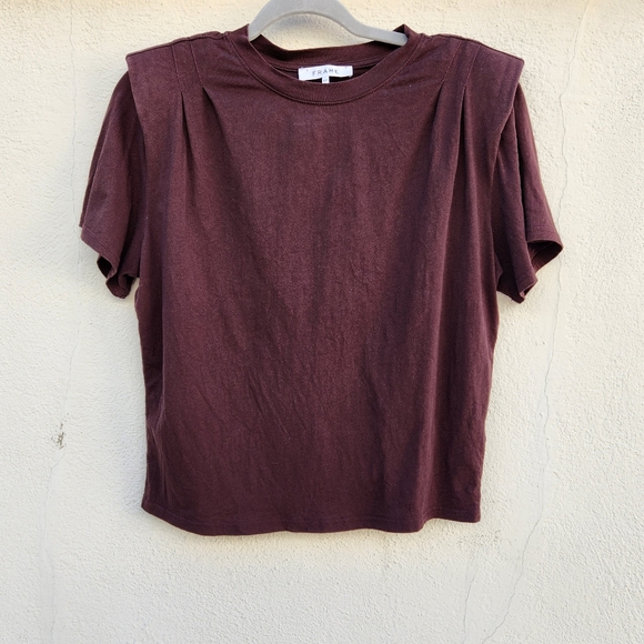 FRAME Brown Padded Shoulder Short Sleeve Crewneck T-Shirt - Picture 2 of 5